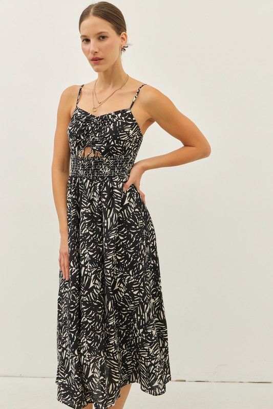 Tropical Leaf Dress W/Cutout Detail, Color: BLK, Size: S