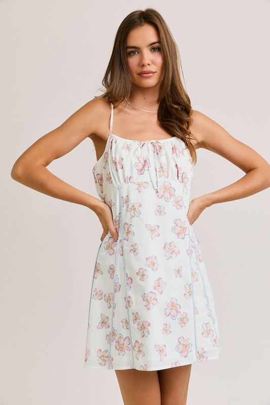 Floral Prt Contrast Trim Mini Dress, Color: WT/PNK FLORAL, Size: XS