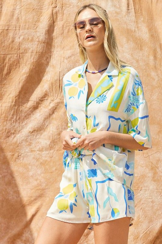 Tropical Print Button Shirt, Color: BLUE LIME, Size: S