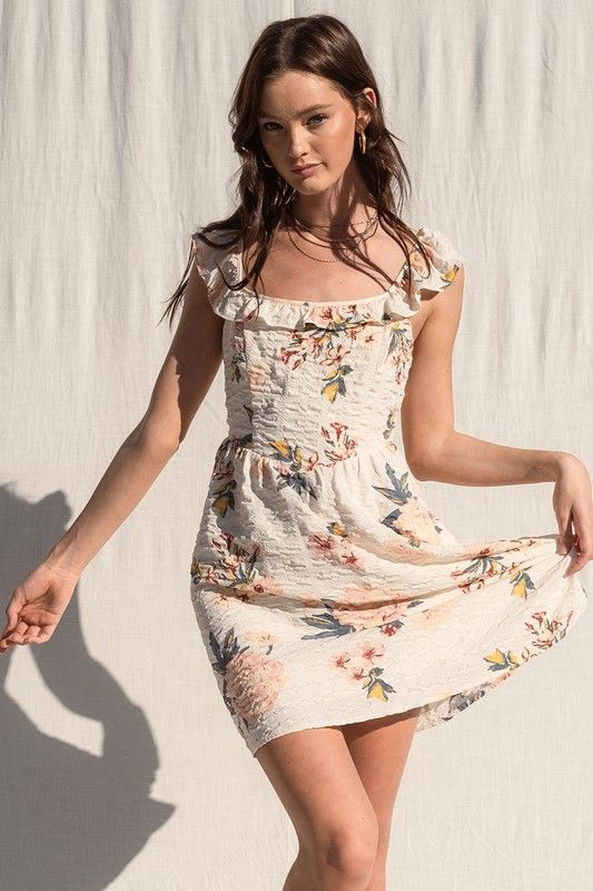 Textured Floral Print Dress, Color: IVORY MULTI, Size: S