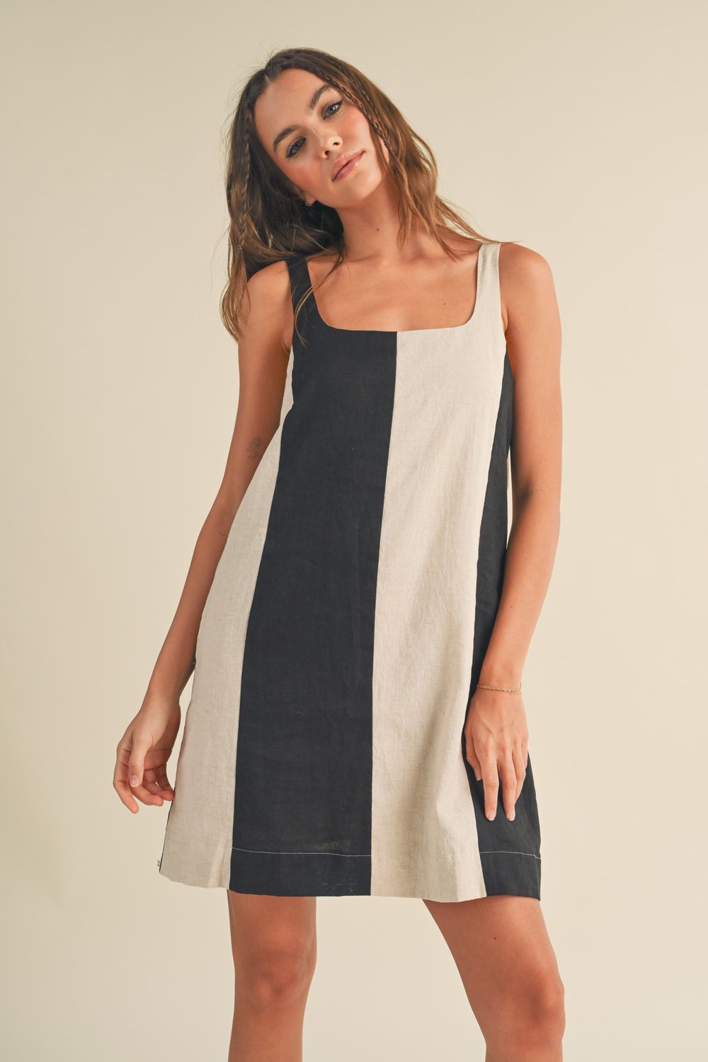 Colorblock Linen Mini Dress, Color: BLK/OATMEAL, Size: S
