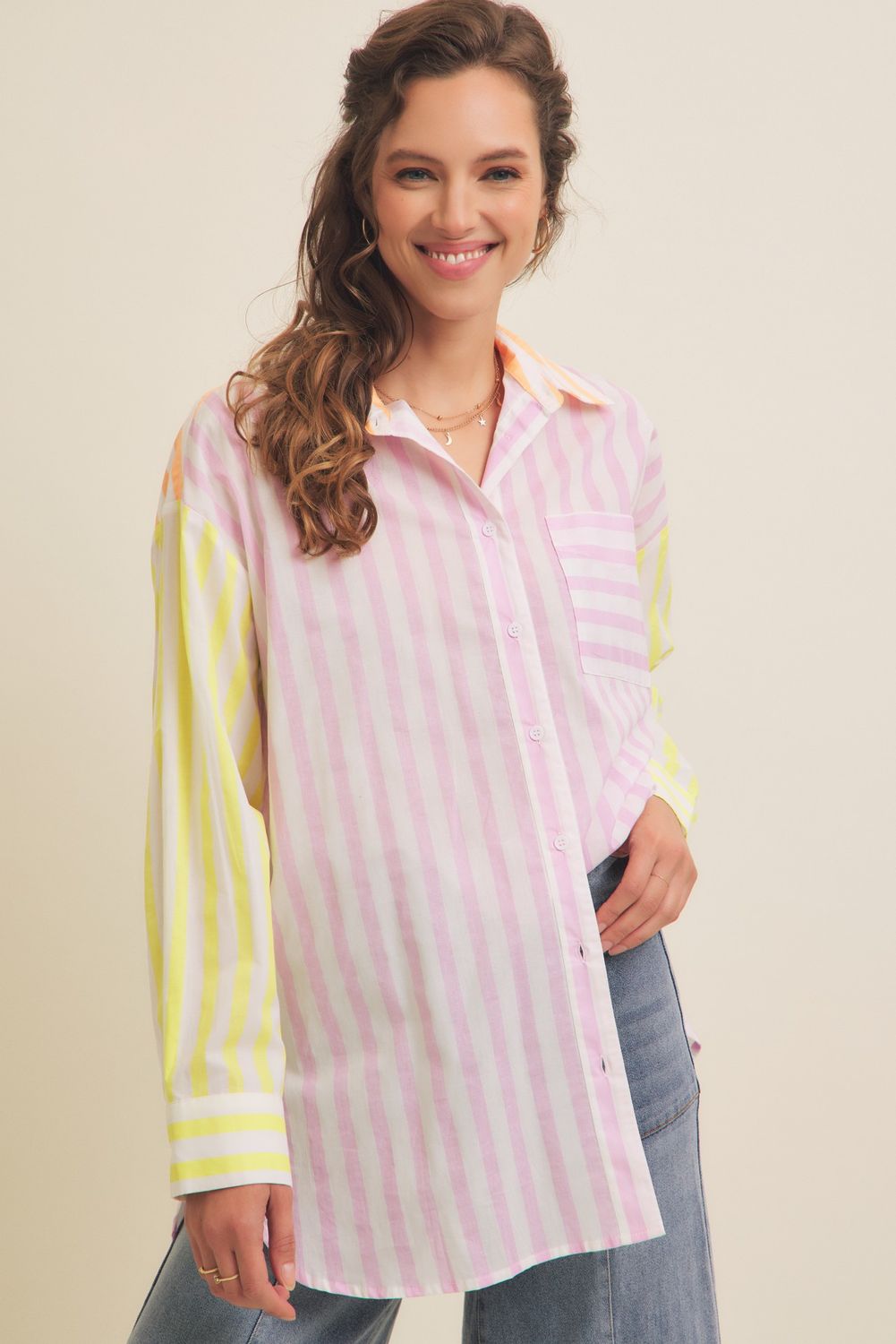 Multi Color Stripe Buttondown Shirt, Color: SHERBERT, Size: S