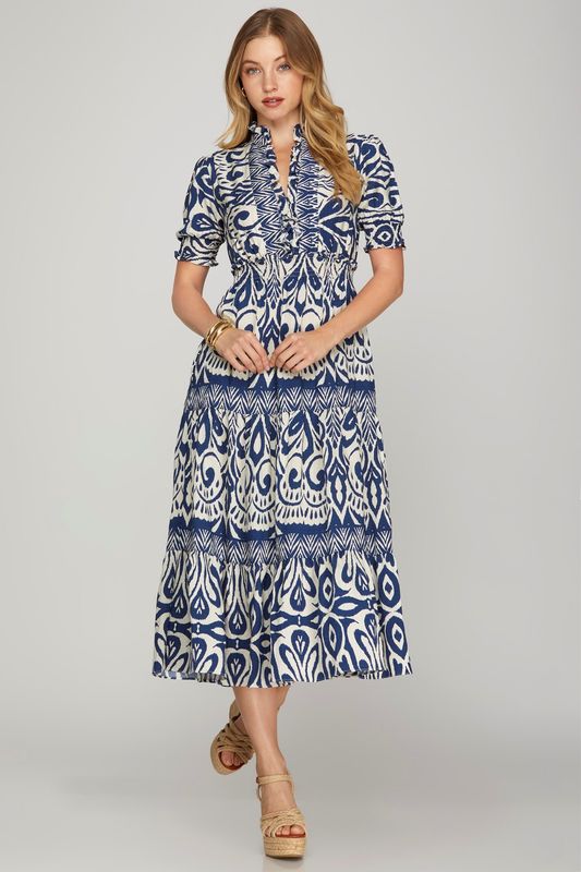 S/S Pattern Prt Tiered Midi Dress
