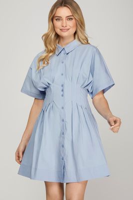 Drop Shoulder Pleated Shirt Dress