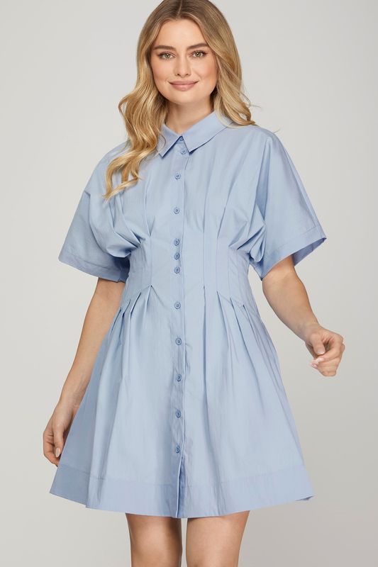 Drop Shoulder Pleated Shirt Dress