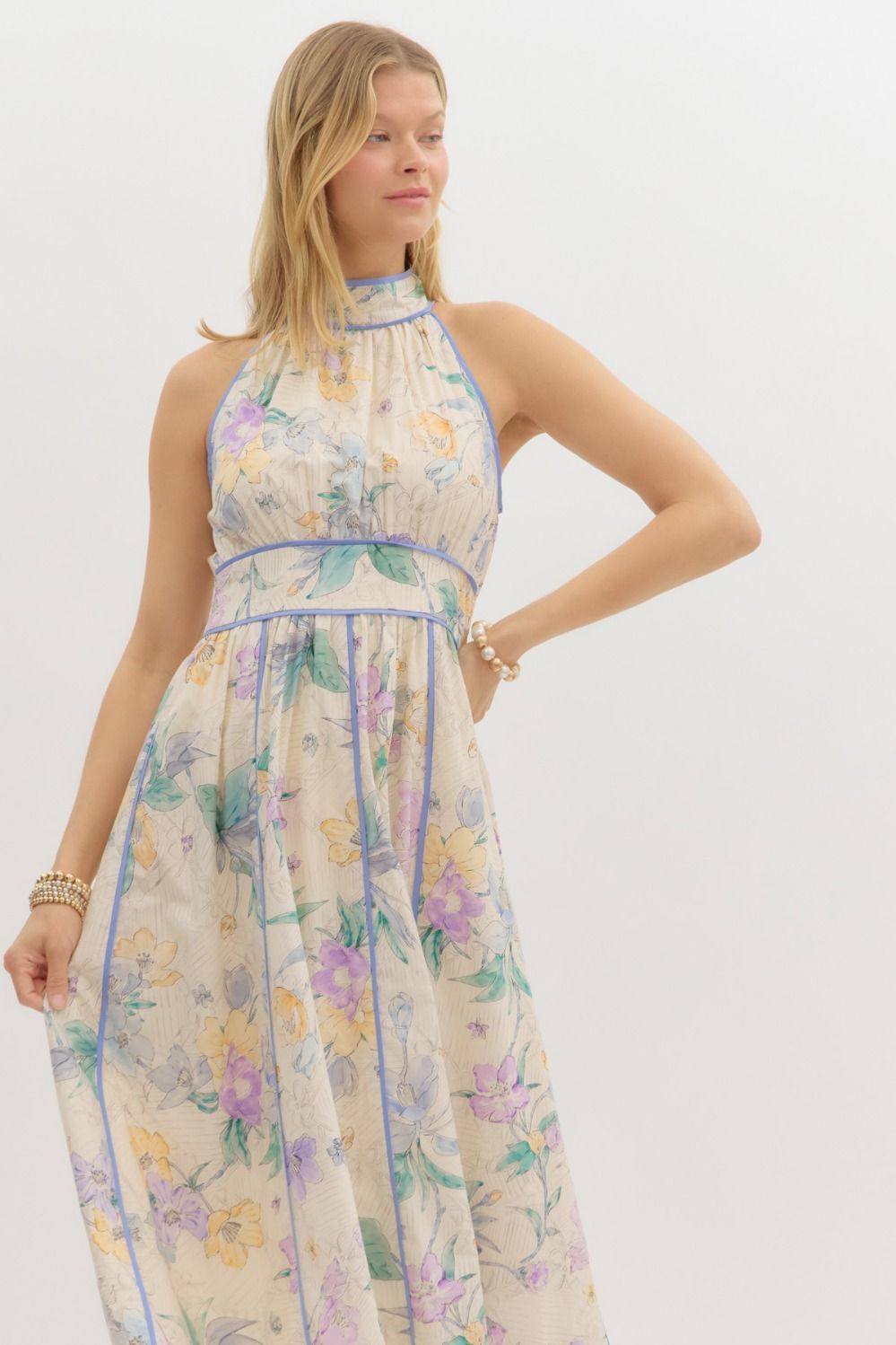 Floral Prt Halter Midi Dress, Color: ECRU, Size: S