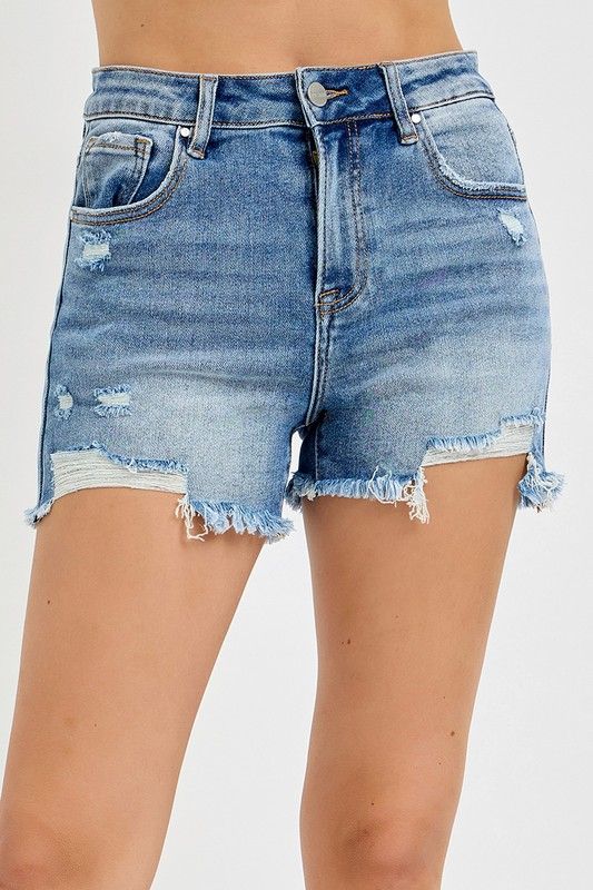 High Rise Distressed Shorts, Size: S, Color: MEDIUM