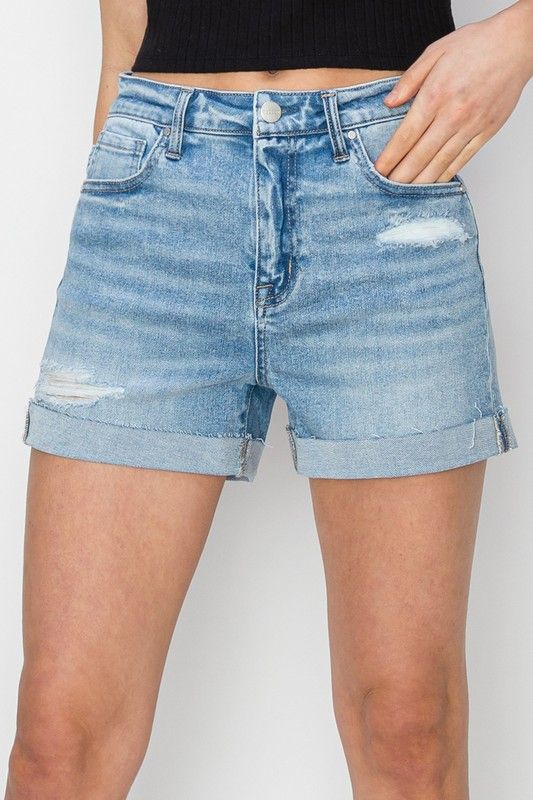High Rise Cuffed Shorts, Color: LIGHT, Size: S