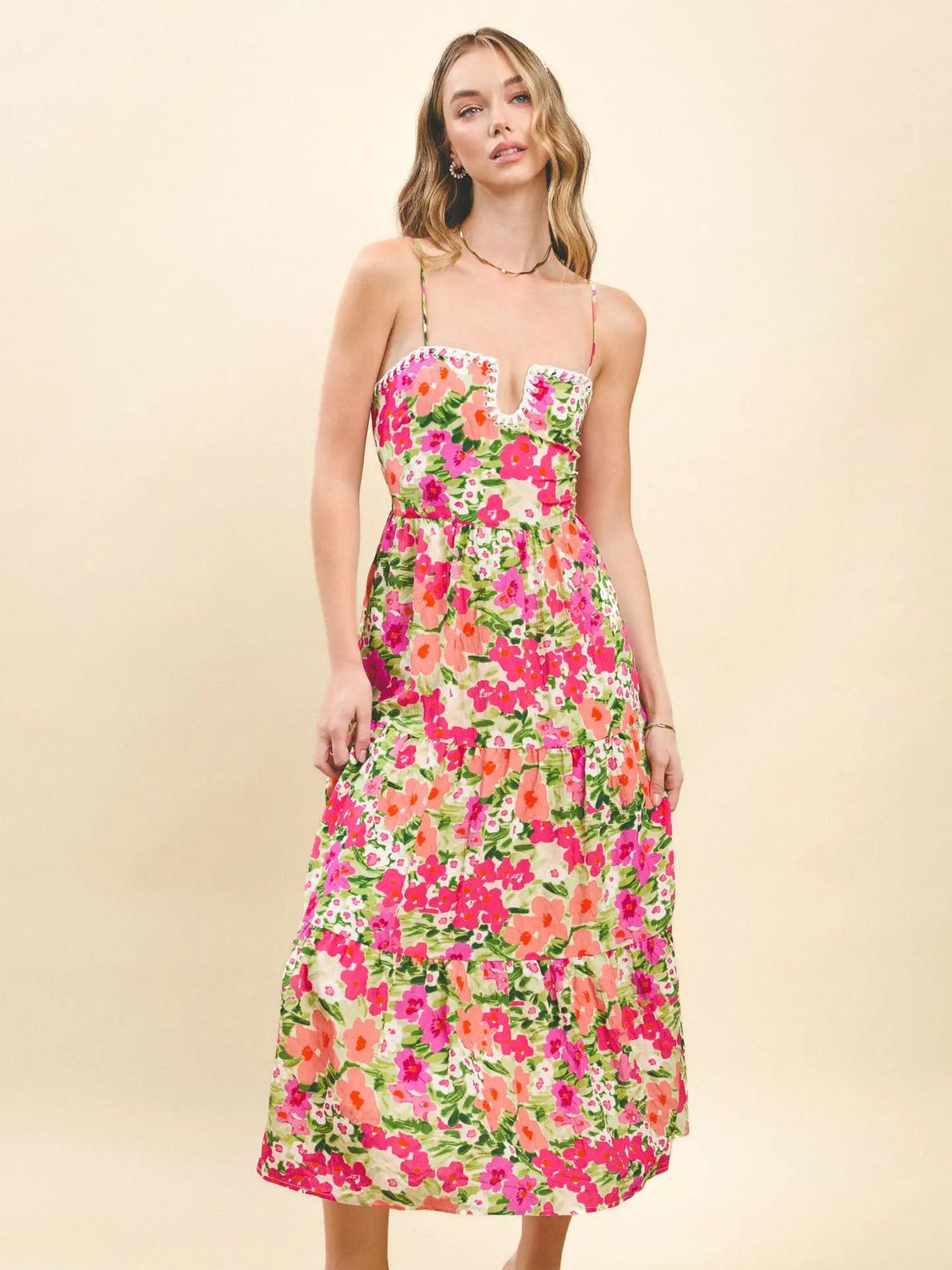 Floral Prt Contrast Stitch Midi Dress, Color: PINK, Size: S