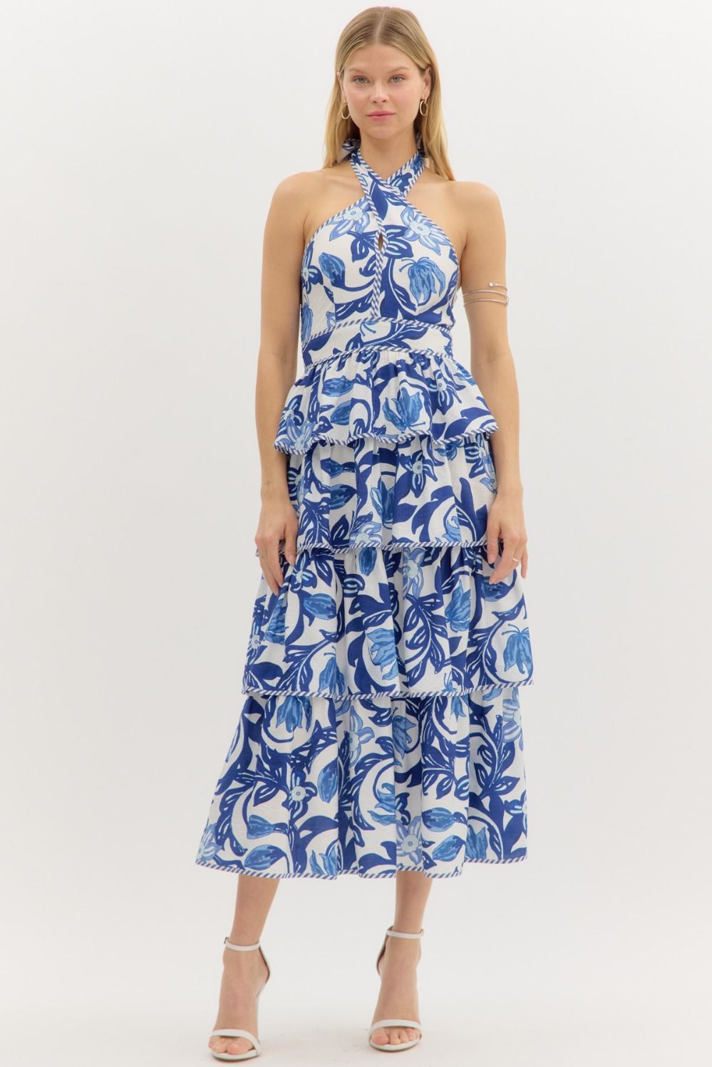 Floral Tiered Halter Tie Midi Dress, Color: BLUE, Size: S