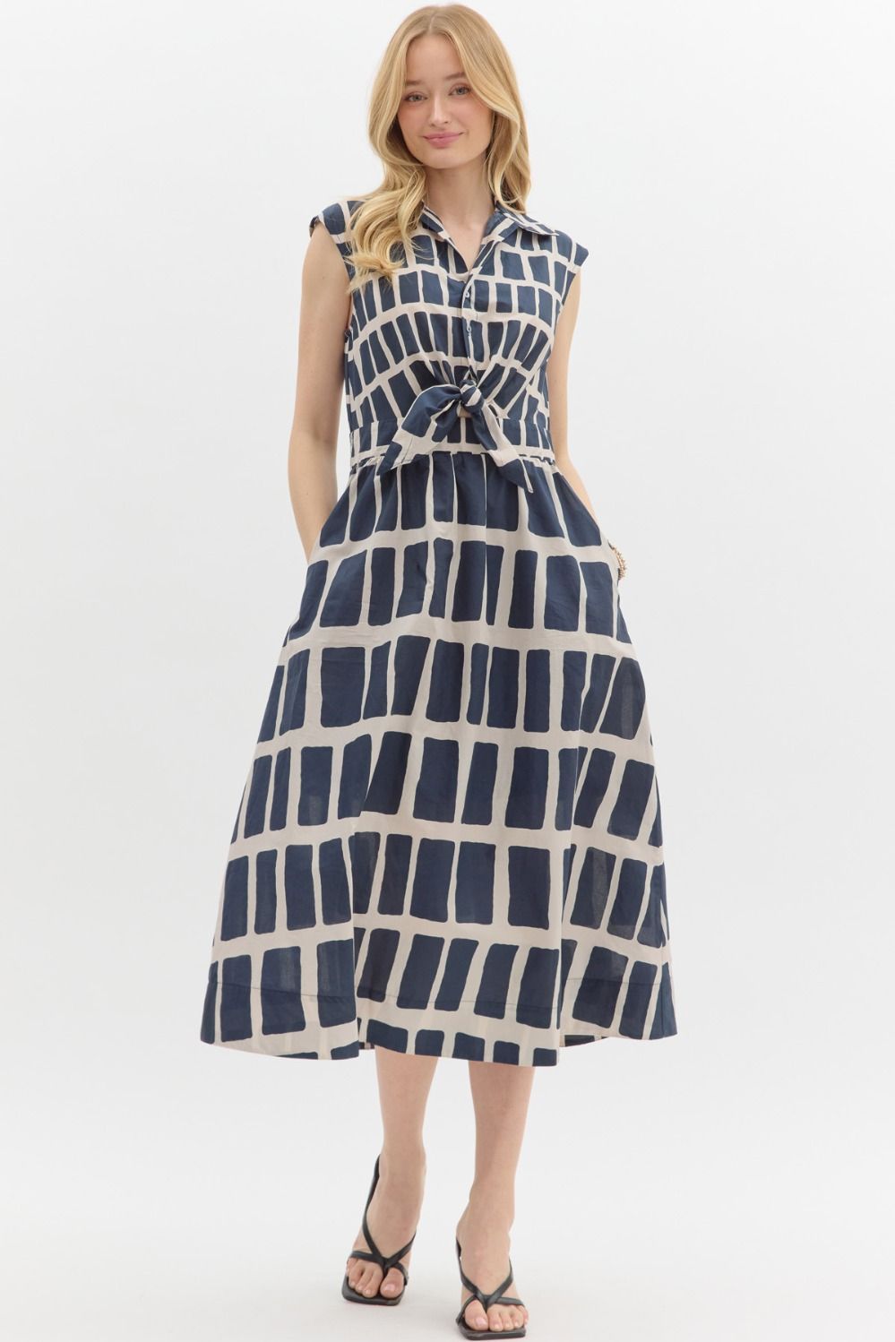 Abstract Prt Button Midi Dress Knot Det, Color: NAVY, Size: S