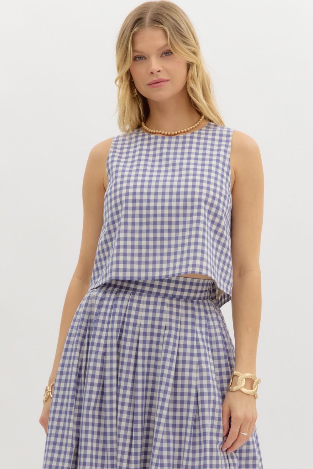 Gingham Prt Button Det Top, Color: CHAMBRAY, Size: S