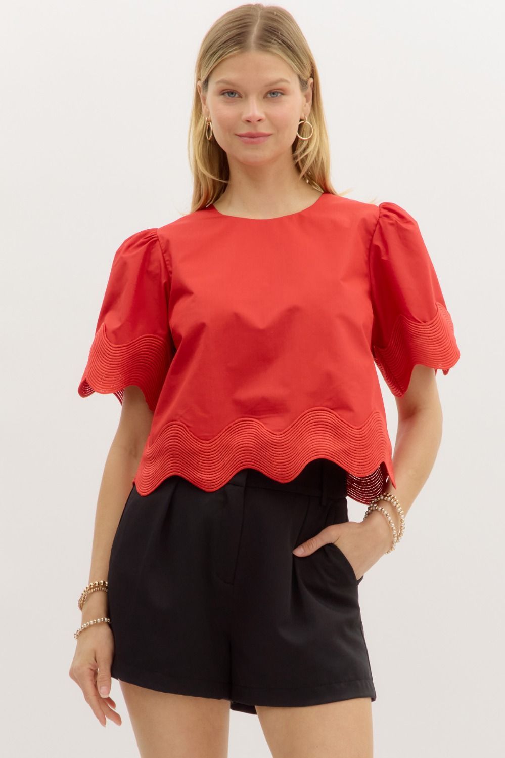 S/S Top W/Oversized Trim Detail, Color: RED, Size: S