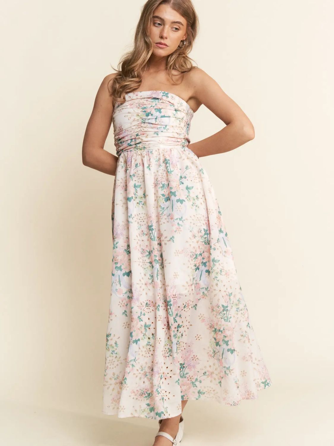 Floral Lace Ruched Maxi Tube Dress, Color: SPRING BLOOM, Size: S
