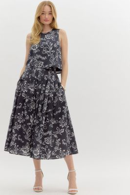 Floral Prt Pleated Midi Skirt
