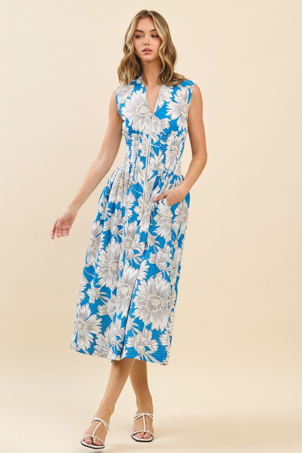 Floral Prt Zip Up Smocked Waist Midi Dress