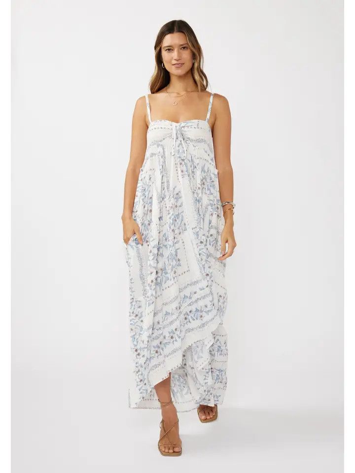 Hi Low Patchwork Ruffle Maxi Dress, Color: CREAM/DUSTY BLUE, Size: S