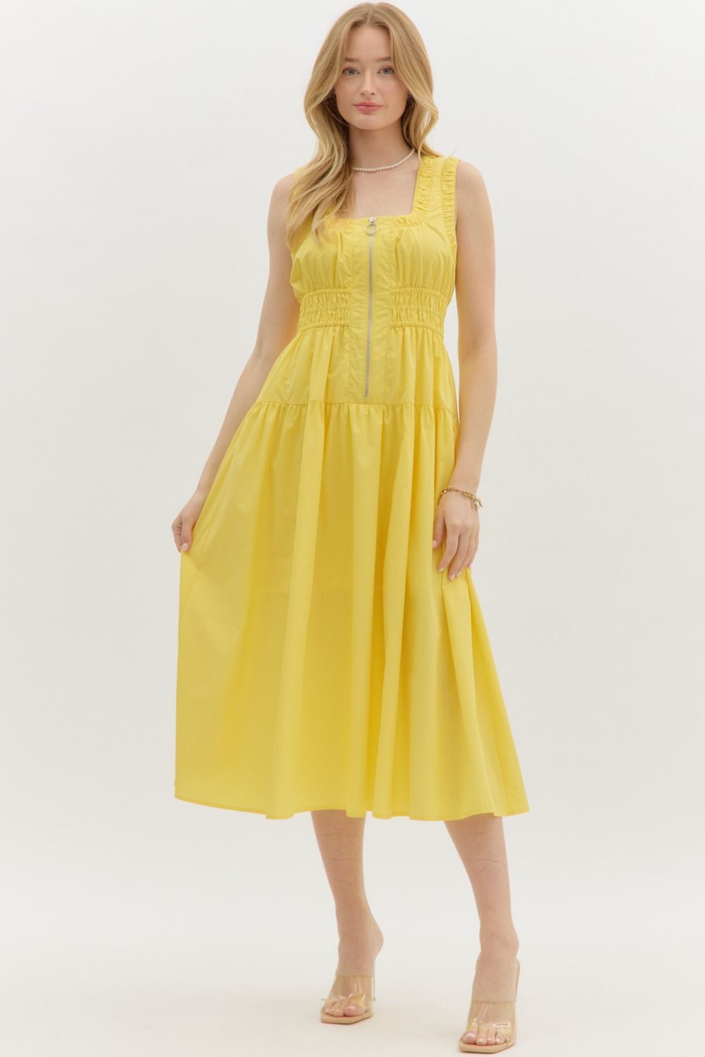 Solid Ruched Det Zipper Midi Dress, Color: LEMON, Size: S