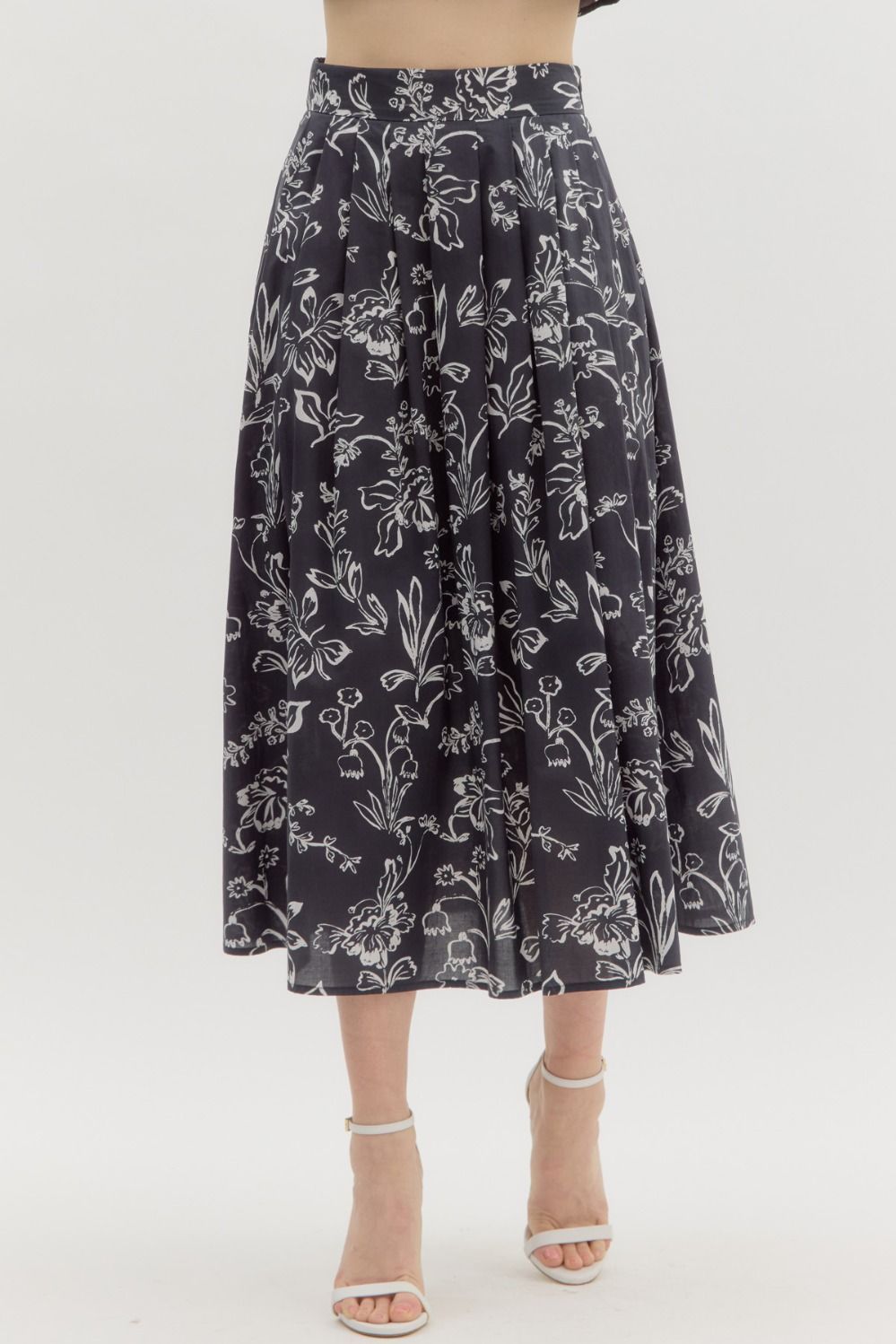 Floral Prt Pleated Midi Skirt, Color: BLACK, Size: S