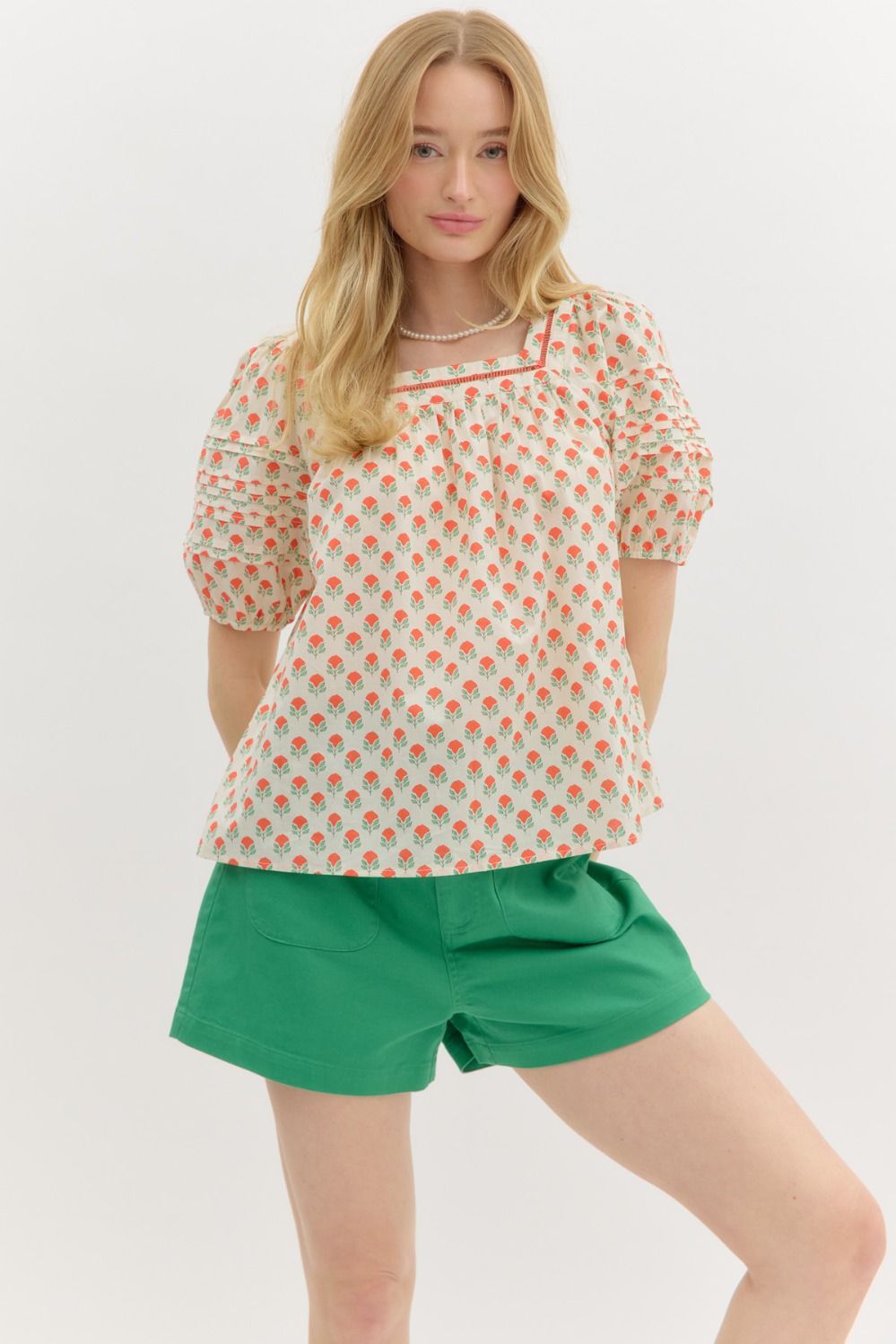 S/S Floral Motif Print Top, Color: RED COMBO, Size: S