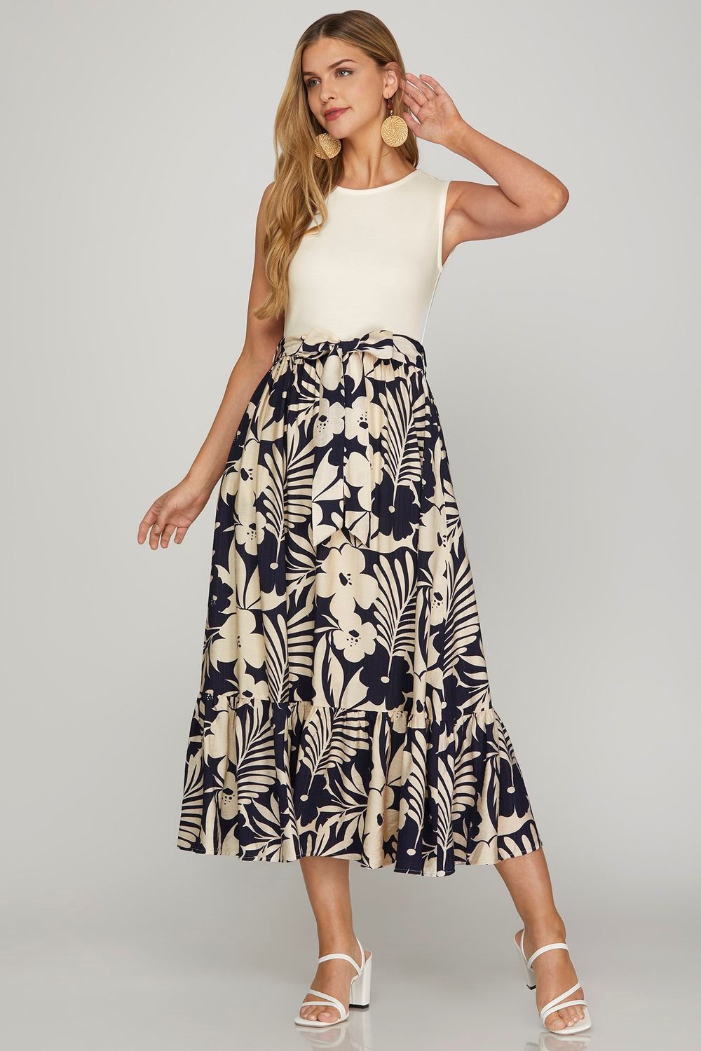 S/L Knit Woven Combo Floral Tiered Midi Dress, Color: NAVY, Size: S