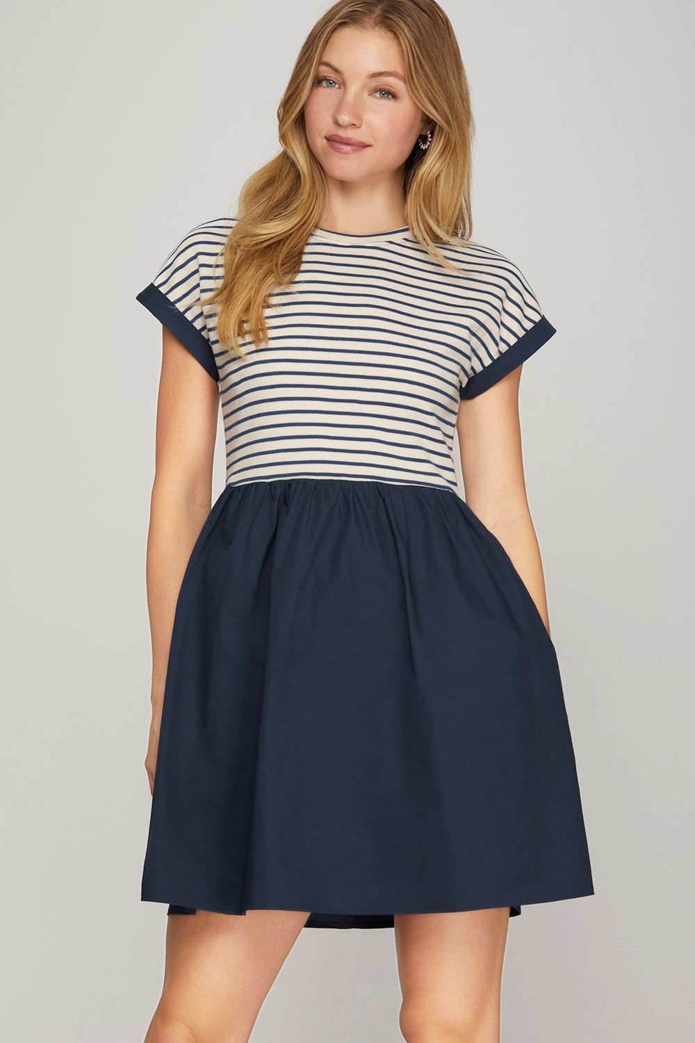 Contrast Cap Slv Mixed Media Dress, Color: NAVY, Size: S
