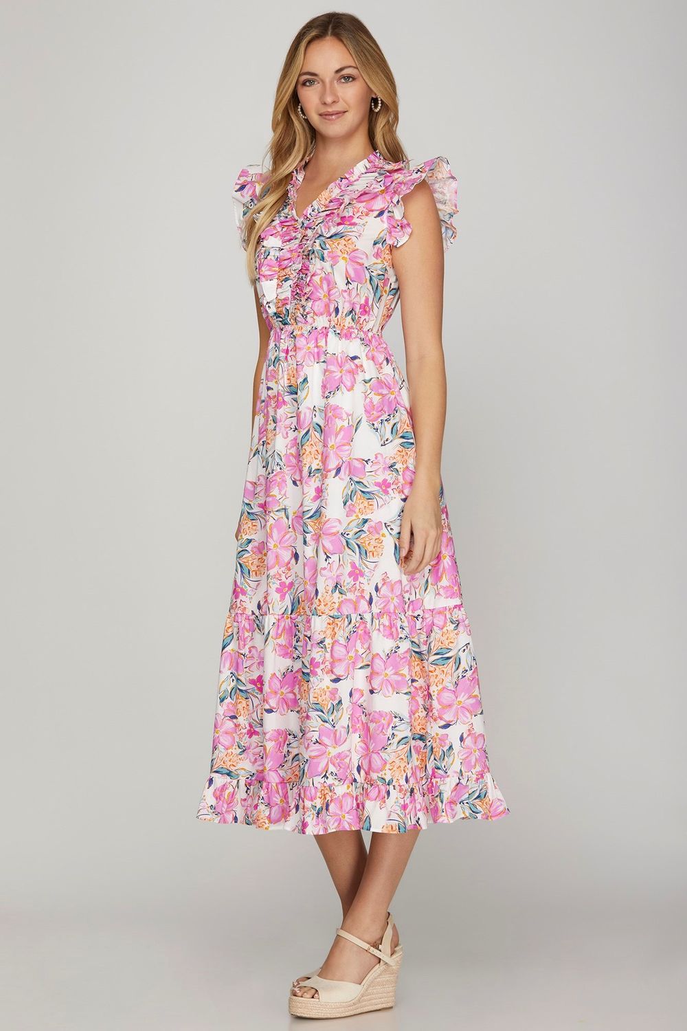 S/L Floral Prt Ruffle Slv Midi Dress, Color: PINK, Size: S