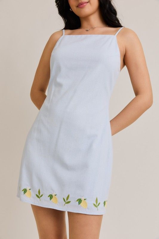 Lemon Embroidered Mini Dress, Color: BABY BLUE, Size: XS