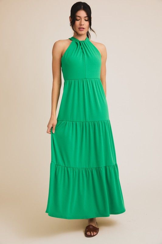Halter Neck Front Twist Maxi Dress, Color: KELLY GREEN, Size: S