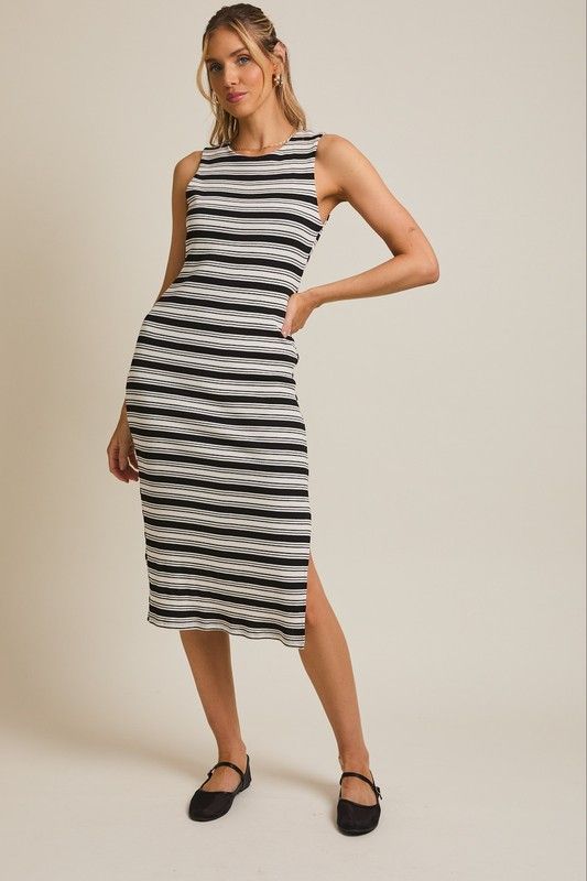 Striped Cut Out Back Rib Midi Dress, Color: BLACK/WHT, Size: S