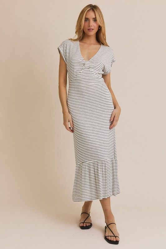 Vneck S/S Striped Knit Dress, Color: WT/BLK, Size: S