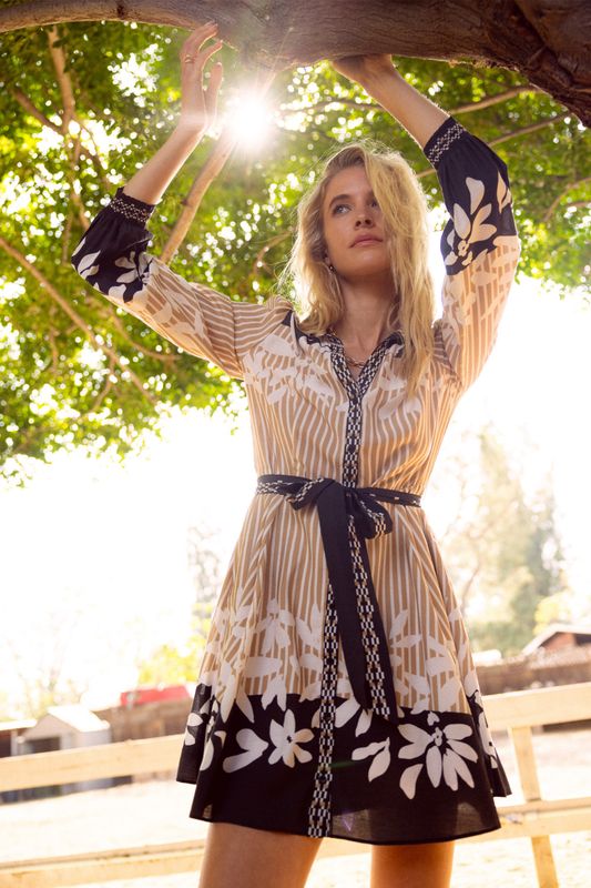 L/S Border Print Shirt Dress