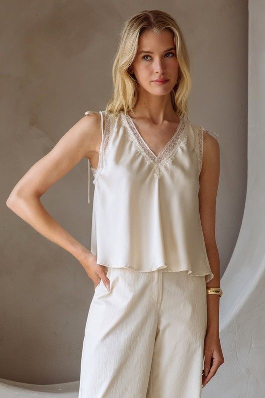 Lace Satin Camisole, Color: CREAM, Size: XS