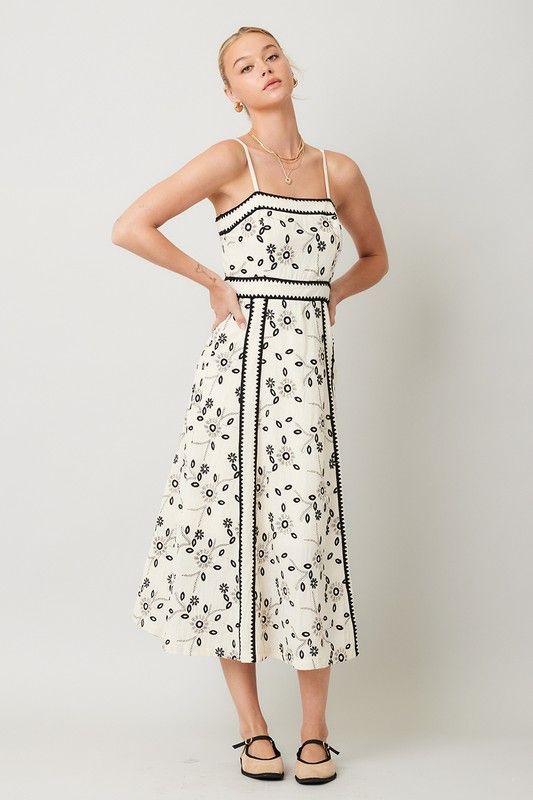 Embroidery Lace Midi Dress, Color: NAT/BLACK, Size: L