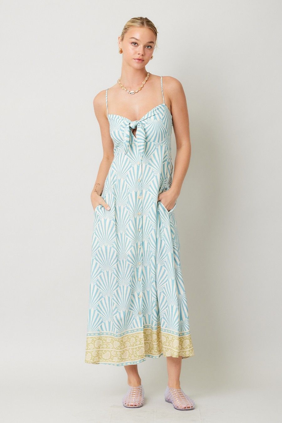 Border Print Midi Dress, Color: BLUE, Size: S