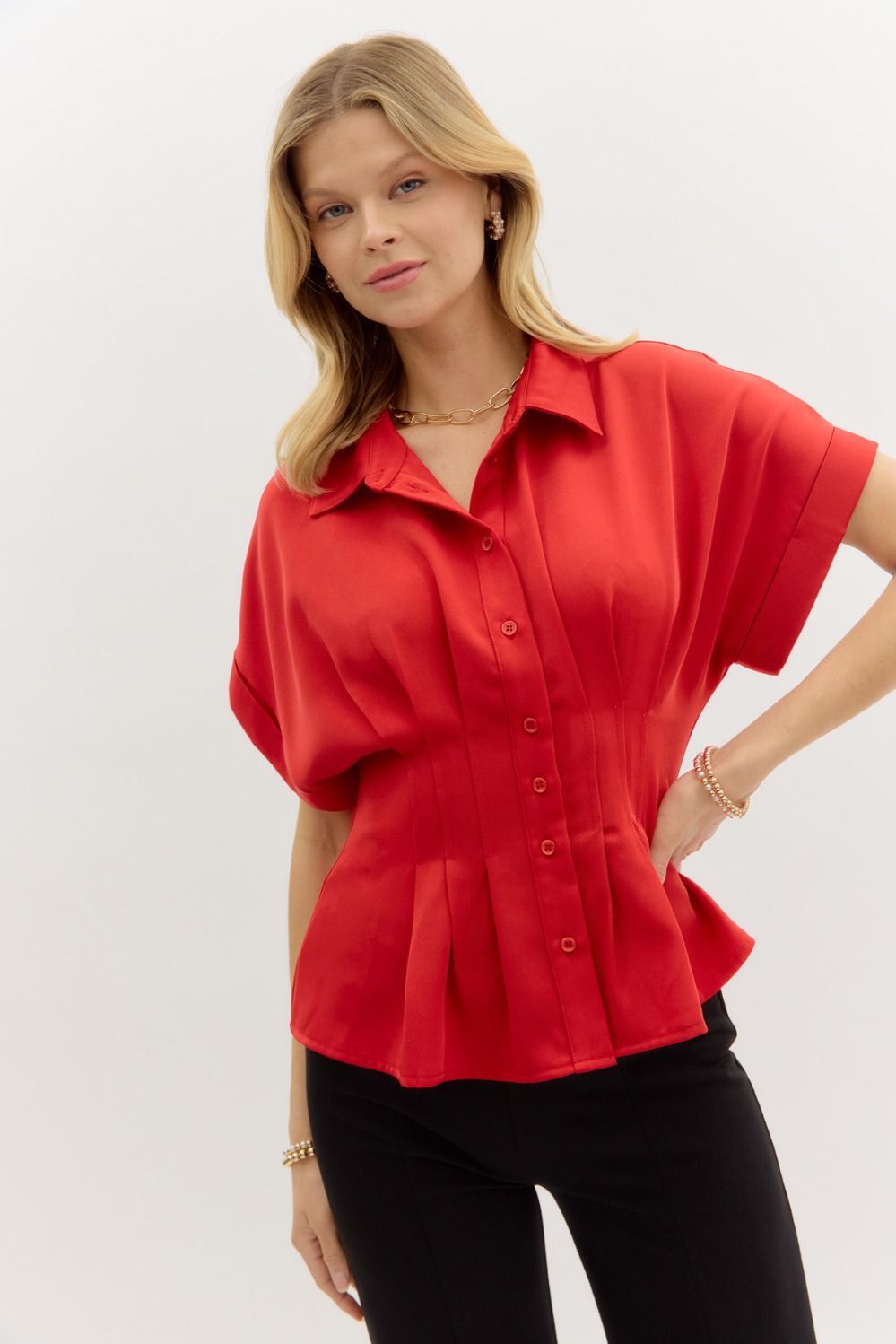 Pleated Roll Up Slv Button Blouse, Color: RED, Size: S