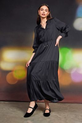 L/S Split Neck Ruffle Tiered Maxi Dress 