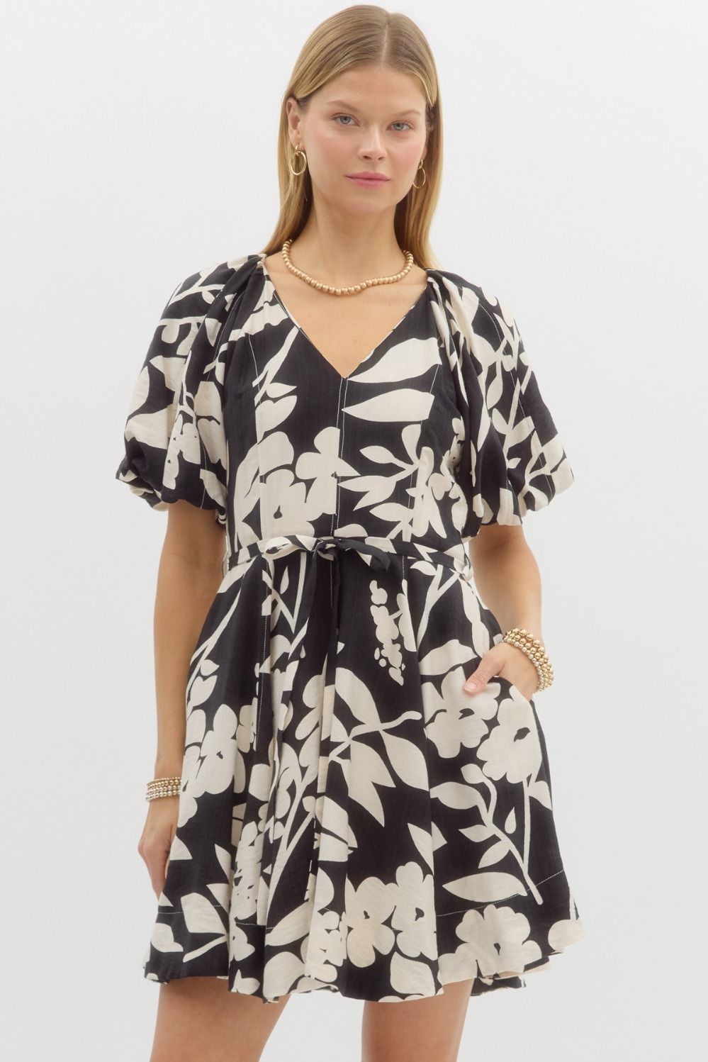 Floral Vneck Bubble Slv Dress, Color: BLACK, Size: S