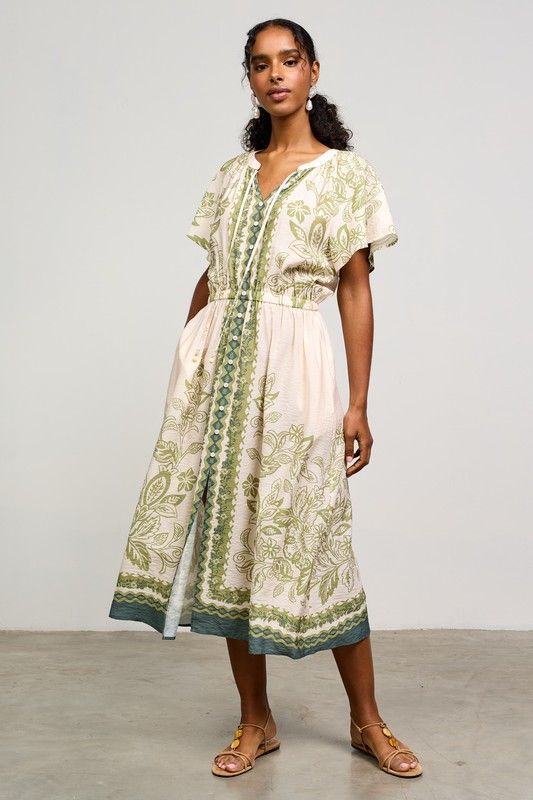 Border Print Button Front Midi Dress , Size: XS, Color: CREAM/OLIVE