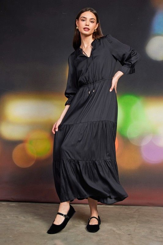 L/S Split Neck Ruffle Tiered Maxi Dress , Color: BLACK, Size: XS