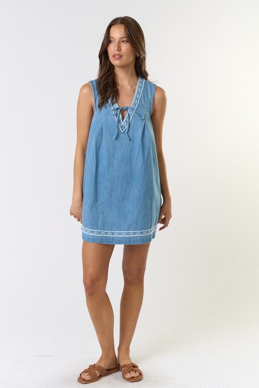 Boho Embroidered Denim Mini Dress, Color: DENIM, Size: S