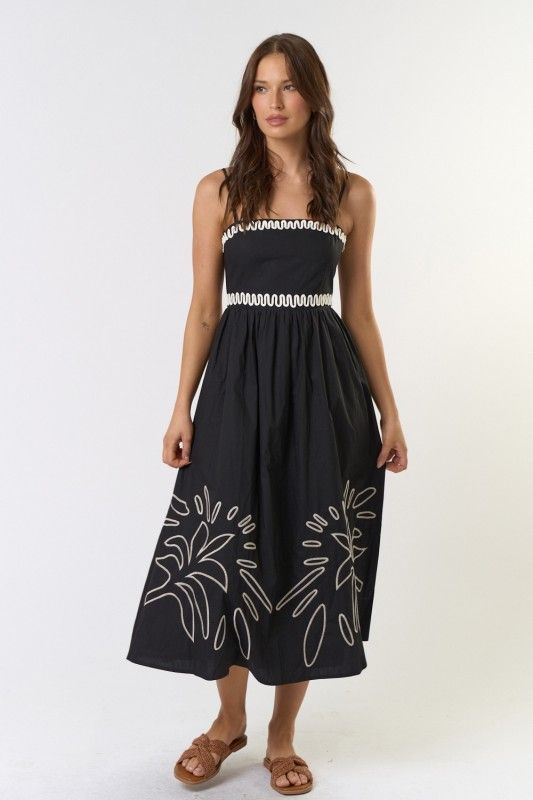 Embroidered Midi Dress, Color: BLACK, Size: S