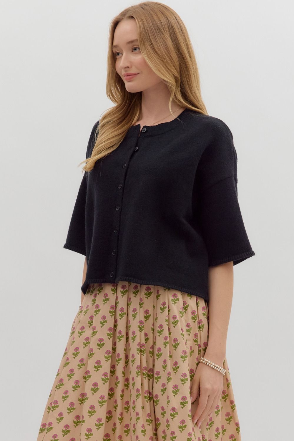3/4 Wide Slv Button Cardigan, Color: BLACK, Size: S