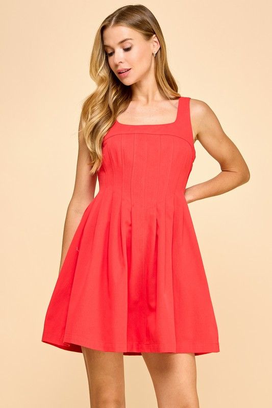 Fit and Flare Pleat Detail Mini Dress, Color: RED, Size: S
