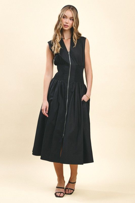 Center Front Zipper Det Smocked Waist Dress
