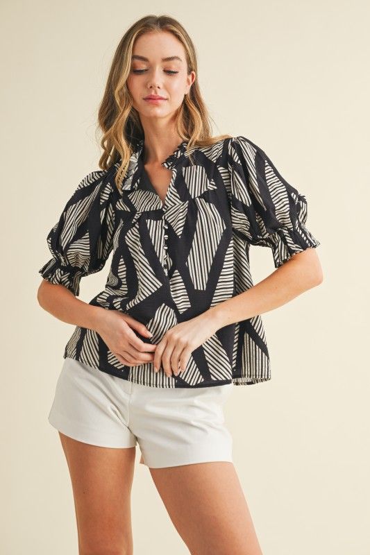 Geometric Stripes Prt Puff Slv Blouse, Color: BLACK, Size: S