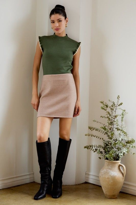 Mock Neck Ruffle Slv Knit Top, Color: OLIVE, Size: S