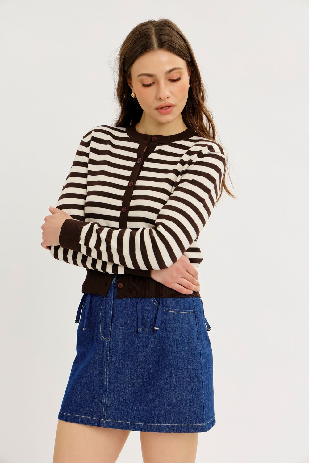 Button Down Stripe Sweater Cardigan, Color: CHOC/CREAM, Size: S