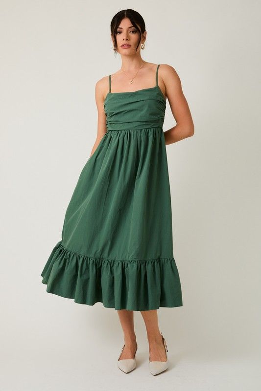 Shirred Top Tiered Midi Dress, Color: GREEN, Size: S