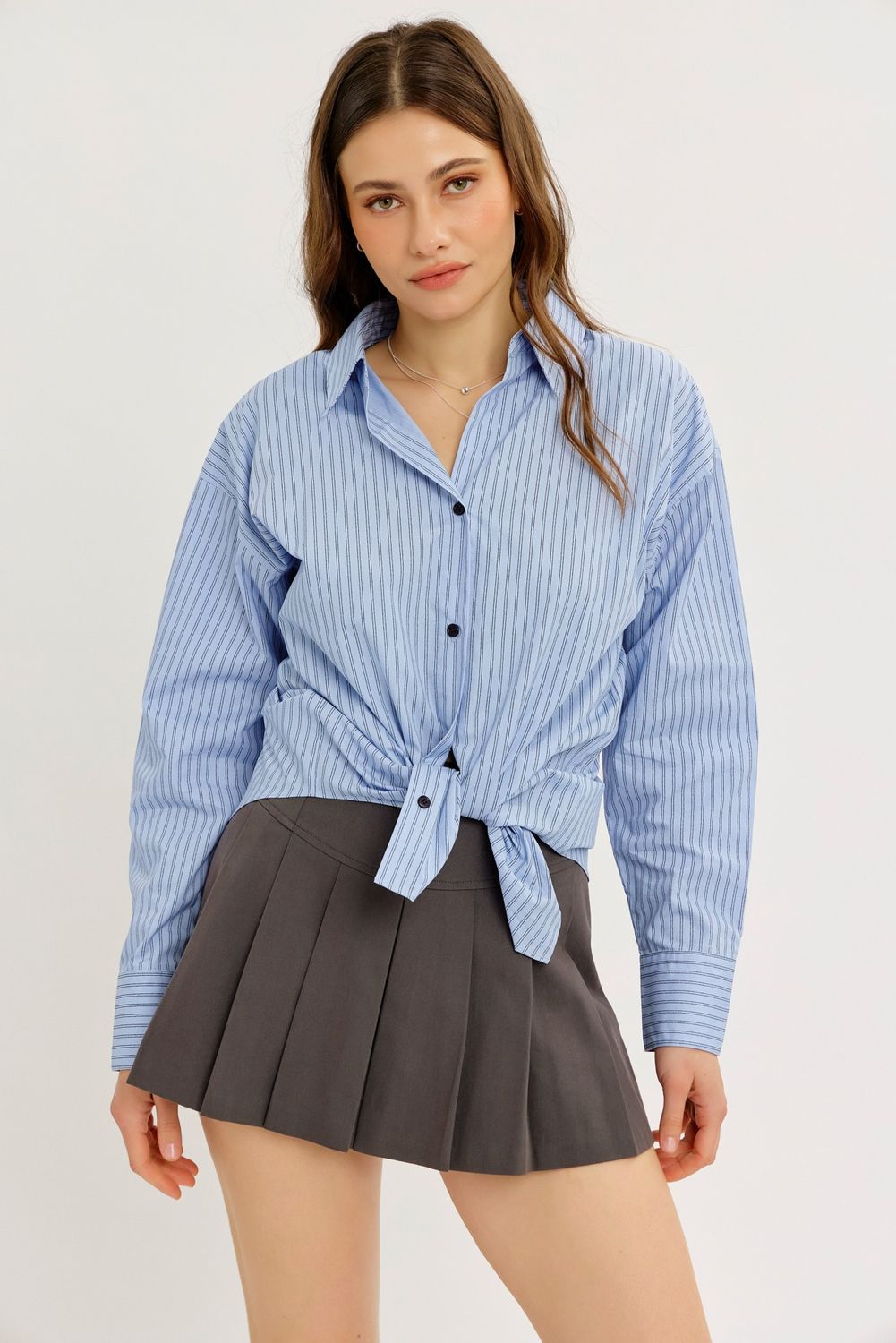 Cotton Stripe Button Down Shirt, Color: LTBLUE/NAVY, Size: S